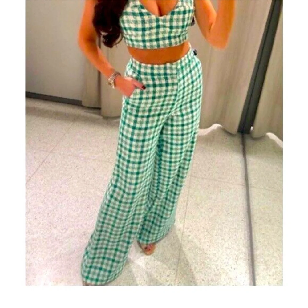 ZARA Green Check Plaid Tweed Wide Leg High Waisted Pants - Picture 3 of 6